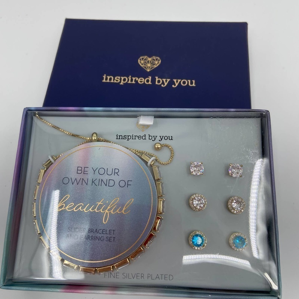 INSPIRED By You Fine Silver Plated Slider Bracelet & Earrings CZ's Gold Tone NEW
